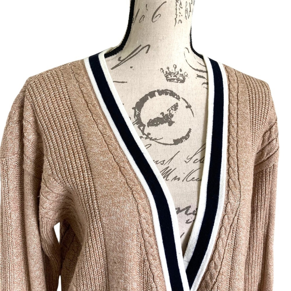 Talbots Cable Knit long Cardigan Sweater Size M Button down Cotton Preppy Tipped - Picture 14 of 17